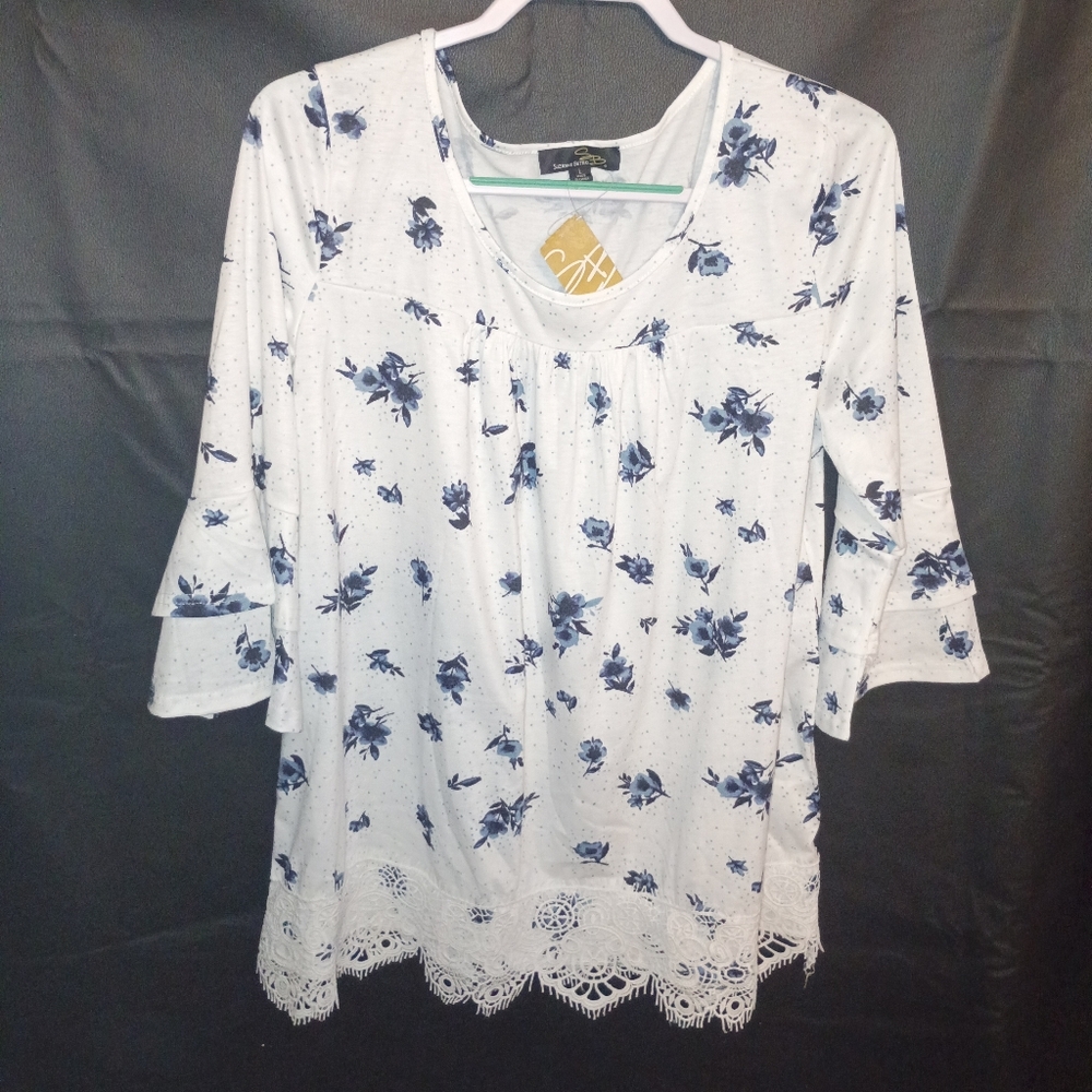 Suzanne Betro White and Navy Floral Polkadot Lace Blouse